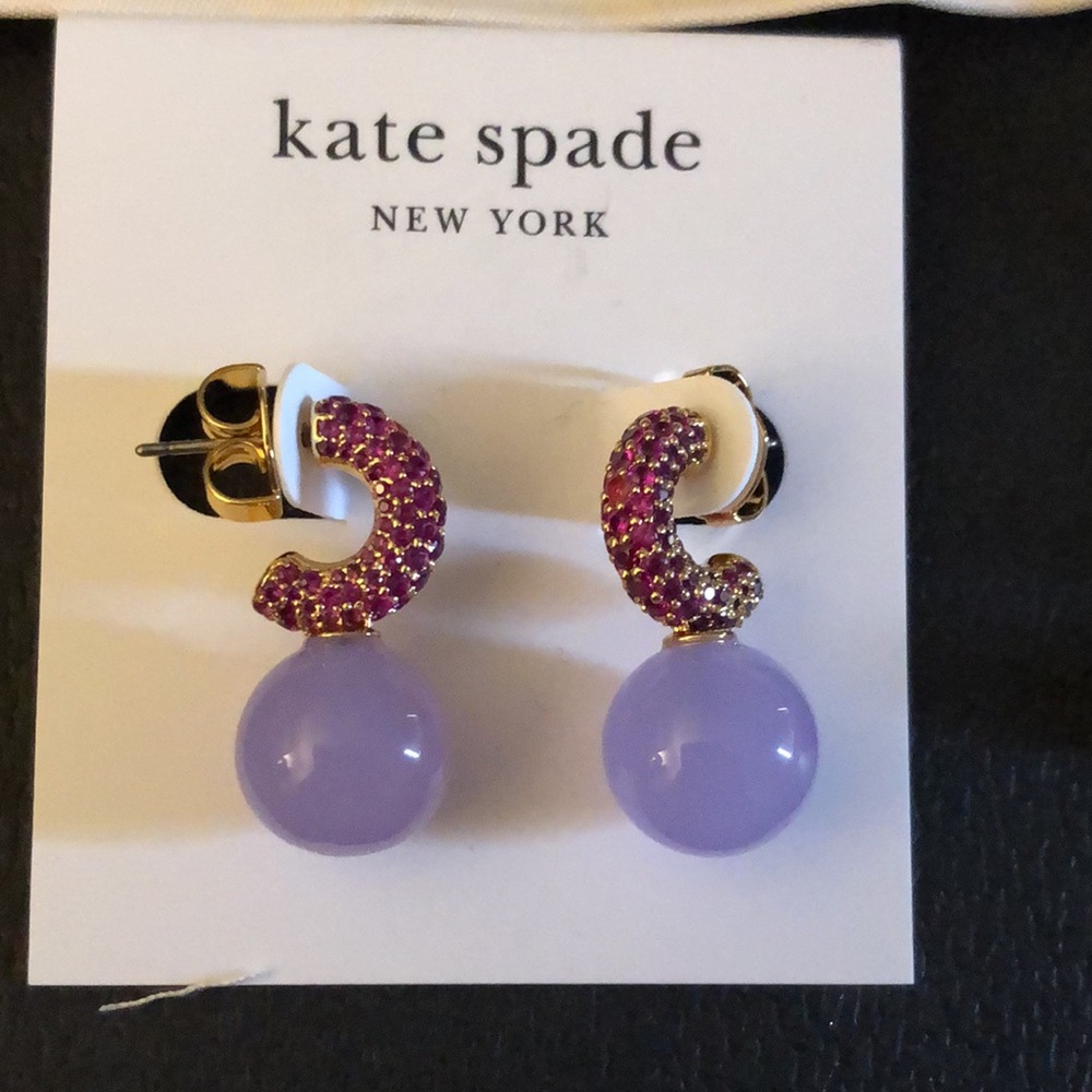 Kate Spade Showtime Huggie Hoop Earrings With Red Crystal & Purple Bead NWT - Picture 3 of 14